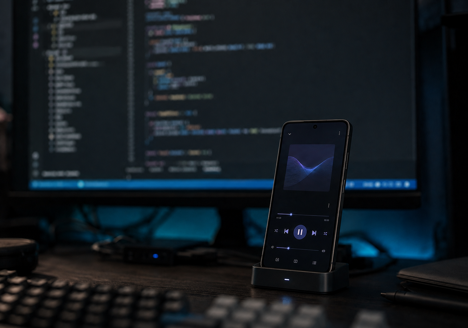 A phone docked and driving an external monitor that shows the VybeCode editor